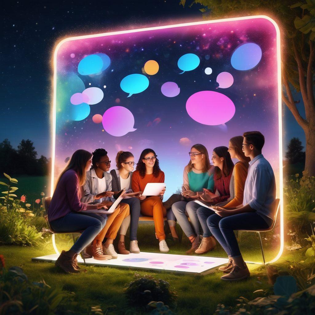 A mesmerizing scene showcasing a diverse group of bloggers gathered around a large glowing tablet, sharing their digital stories amidst floating text bubbles and colorful graphics. The background features a whimsical blend of technology and nature, symbolizing the fusion of storytelling and the digital world. Ethereal light illuminates their faces, highlighting inspiration and creativity. super-realistic. vibrant colors. 3D.