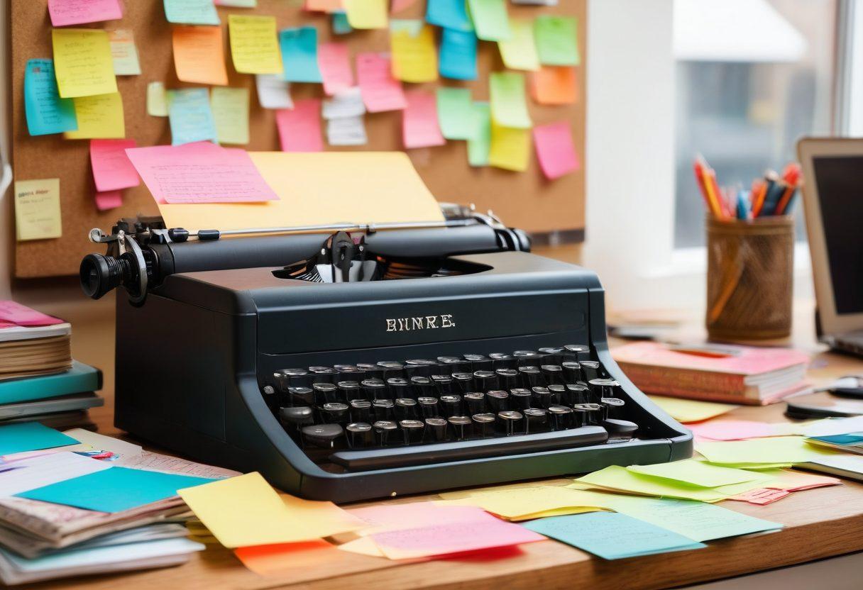 A creative workspace filled with a vintage typewriter, colorful sticky notes, and an open laptop, radiating the energy of ideas transforming into impactful content. In the background, a corkboard covered with inspiring quotes and images symbolizes the blogging journey. The atmosphere is bright and inviting, emphasizing creativity and productivity. vibrant colors. modern art.