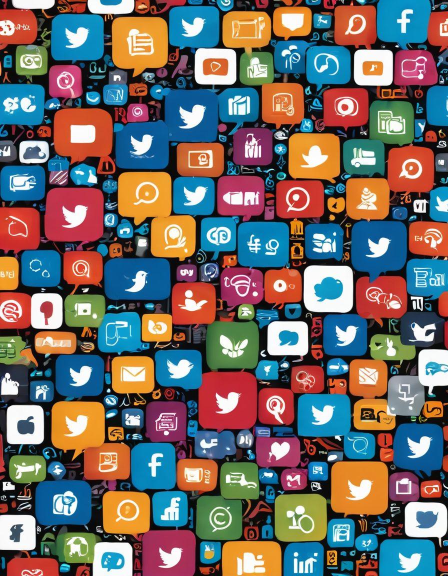 A dynamic digital collage showcasing diverse social media icons intertwined with storytelling elements like books, speech bubbles, and video frames. Include diverse characters engaging with their devices, expressing emotions, and sharing stories. Use a color palette that radiates vibrancy to emphasize connection and creativity. super-realistic. vibrant colors. modern design.